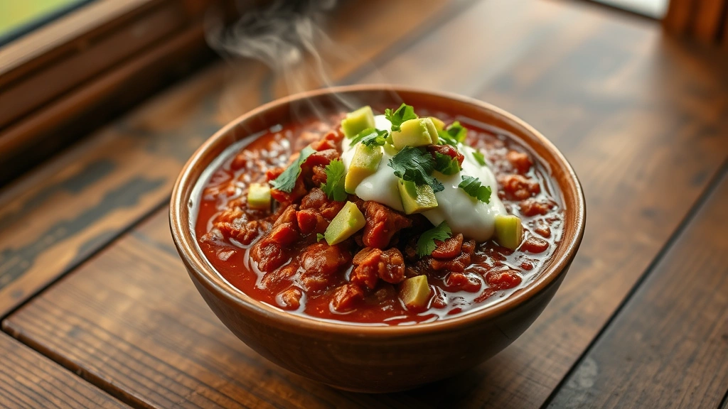 hero: steaming bowl of rich red TVP chili topped with diced avocado, cilantro, and vegan sour cream, rustic wooden table, warm natural window light, no text