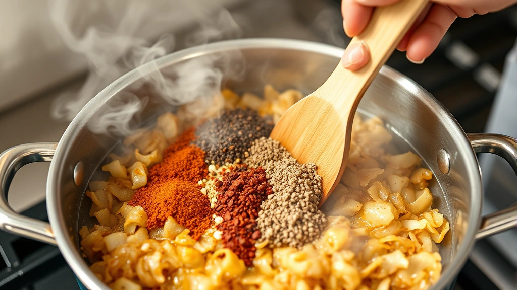 process: chef's hand stirring bloomed spices in pot with caramelized onions and garlic, steam rising, vibrant colors, natural kitchen lighting, no text