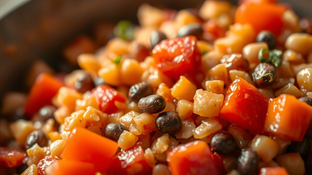 detail: close-up macro shot of rehydrated TVP texture mixed with beans and diced tomatoes, shallow depth of field, warm natural light highlighting colors, no text