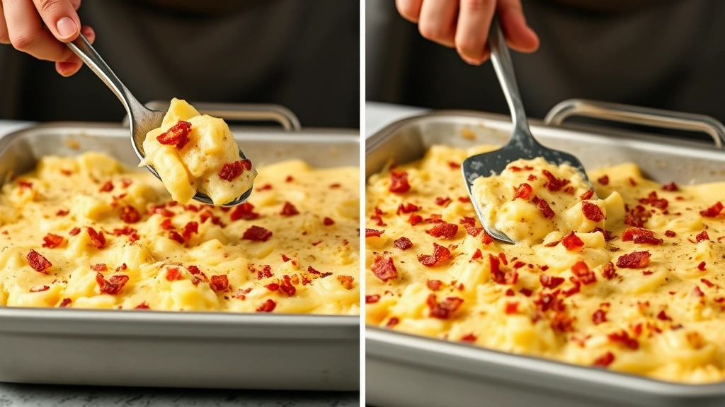 process: hands spooning creamy potato filling into baking dish, bacon bits visible, spatula spreading mixture evenly, close-up action shot, photorealistic, natural kitchen light, no text