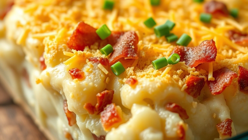detail: close-up of finished casserole showing layers of creamy potatoes, crispy bacon pieces, melted cheddar cheese, golden breadcrumbs, fresh chives garnish, photorealistic, natural light, shallow depth of field, no text