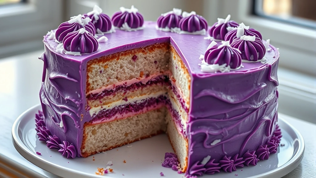 hero: stunning layered ube cake with purple frosting and coconut garnish, slice removed showing vibrant purple interior, photorealistic, natural window light, no text