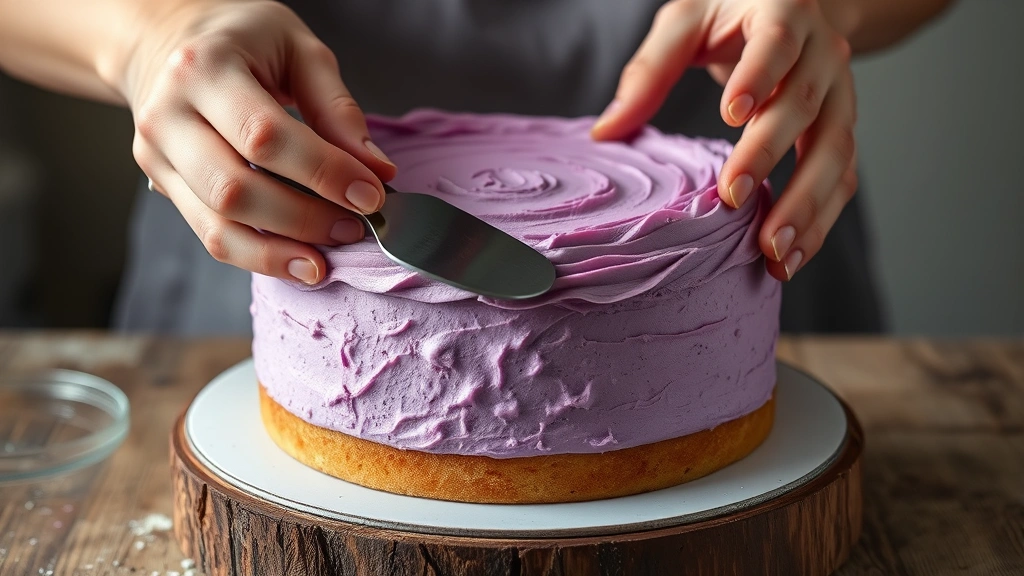 process: hands frosting middle layer of ube cake with offset spatula, creamy purple frosting, photorealistic, natural light, no text