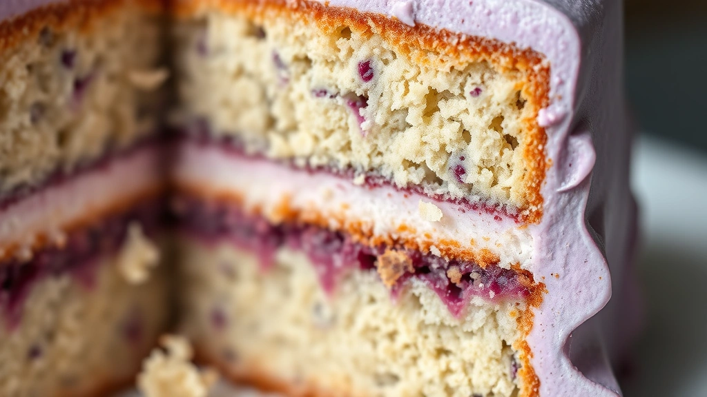 detail: close-up cross-section of ube cake showing moist crumb and frosting layers, purple interior texture visible, photorealistic, natural light, no text