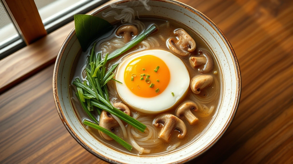 hero: steaming bowl of udon noodle soup with soft-boiled egg, mushrooms, green onions, and nori strips, shot from above, photorealistic, natural window light, no text