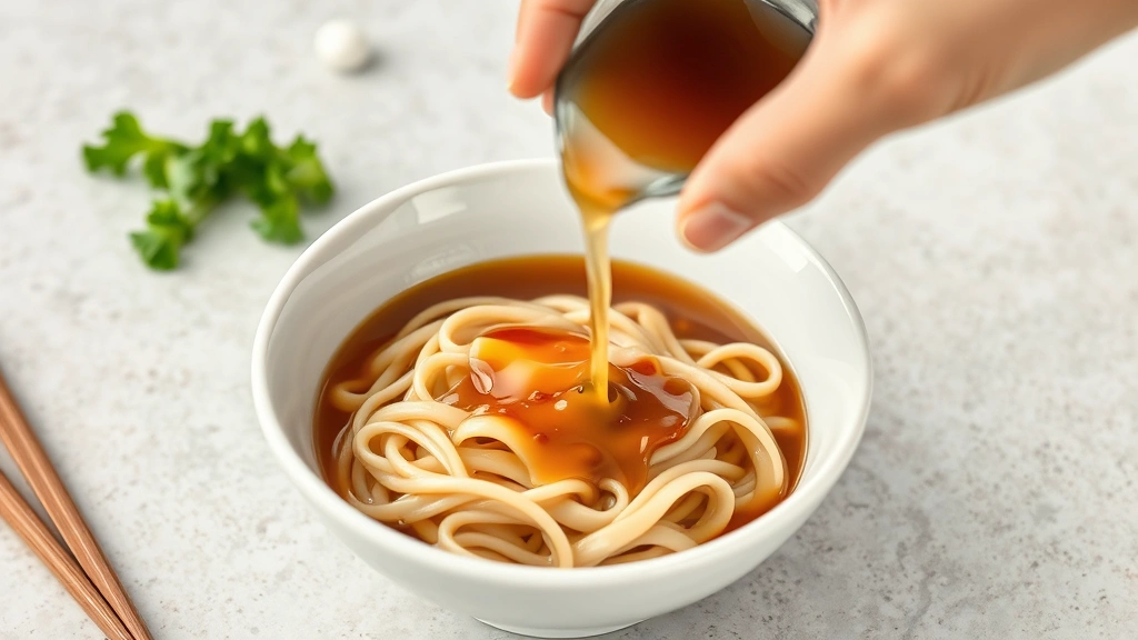 process: hand pouring hot dashi broth over udon noodles in white bowl, photorealistic, natural light, no text
