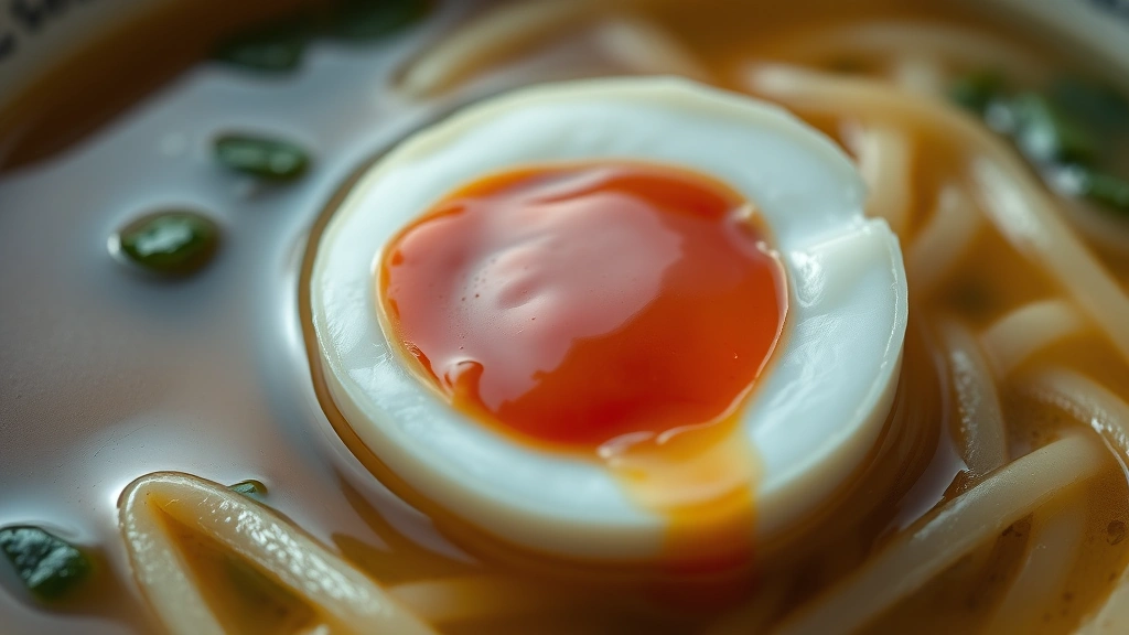 detail: close-up of jammy soft-boiled egg half in udon soup with broth and noodles, photorealistic, natural light, no text