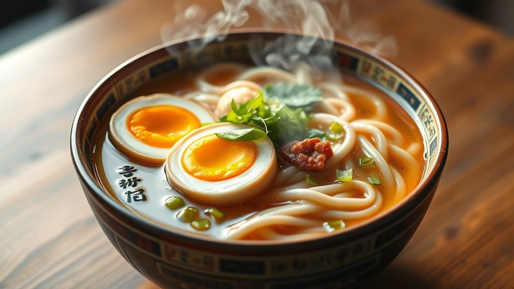 hero: steaming bowl of udon noodles in rich broth with soft-boiled egg, green onions, nori, and ginger garnish, photorealistic, natural warm lighting from above, no text, appetizing steam rising