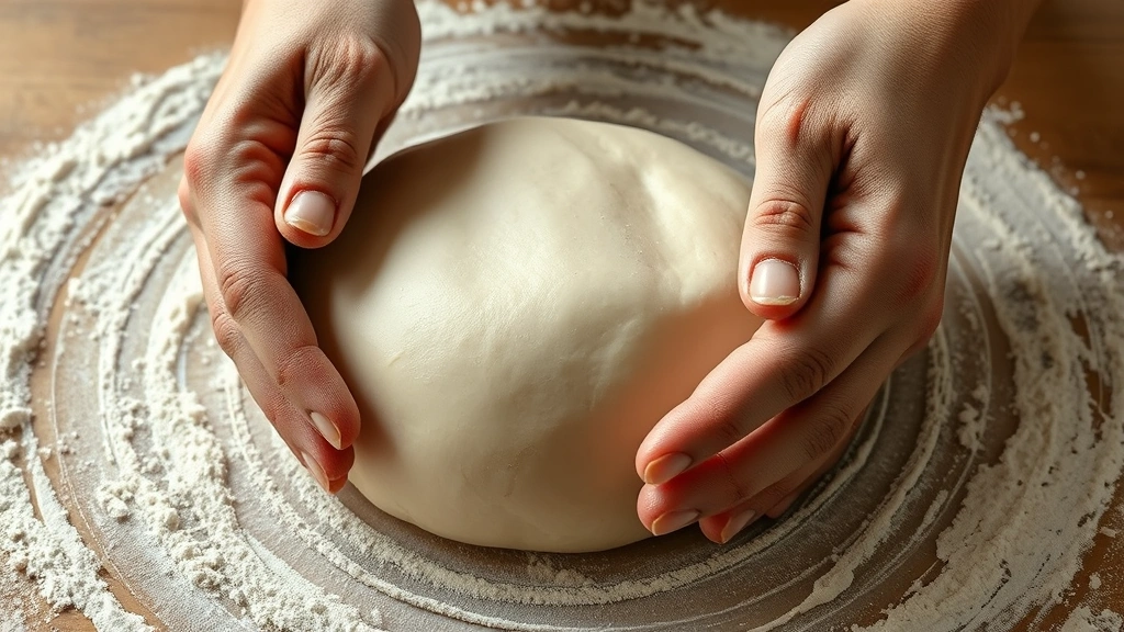 process: hands kneading smooth elastic udon dough on floured surface, photorealistic, natural daylight, no text, showing texture and technique