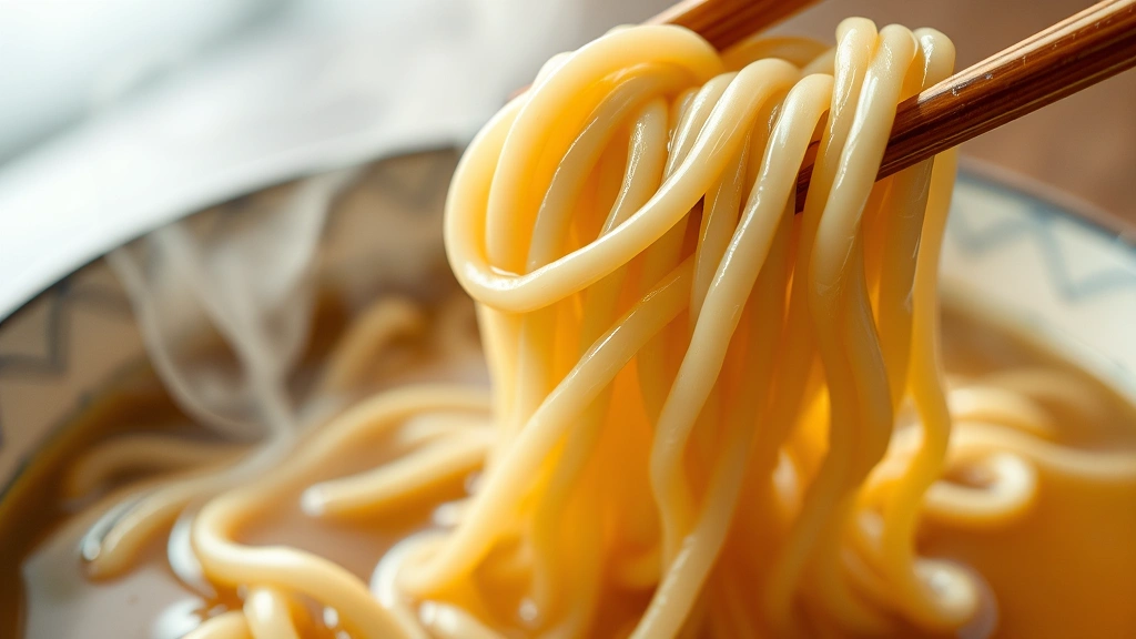 detail: close-up of cooked udon noodles being lifted with chopsticks from steaming broth, photorealistic, natural lighting, no text, showing chewy texture and glossy surface
