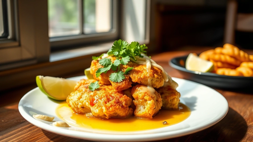 hero: Cuban vaca frita on white plate with lime wedges and cilantro garnish, crispy golden beef with citrus sauce pooling around it, natural window light, styled on rustic wooden table