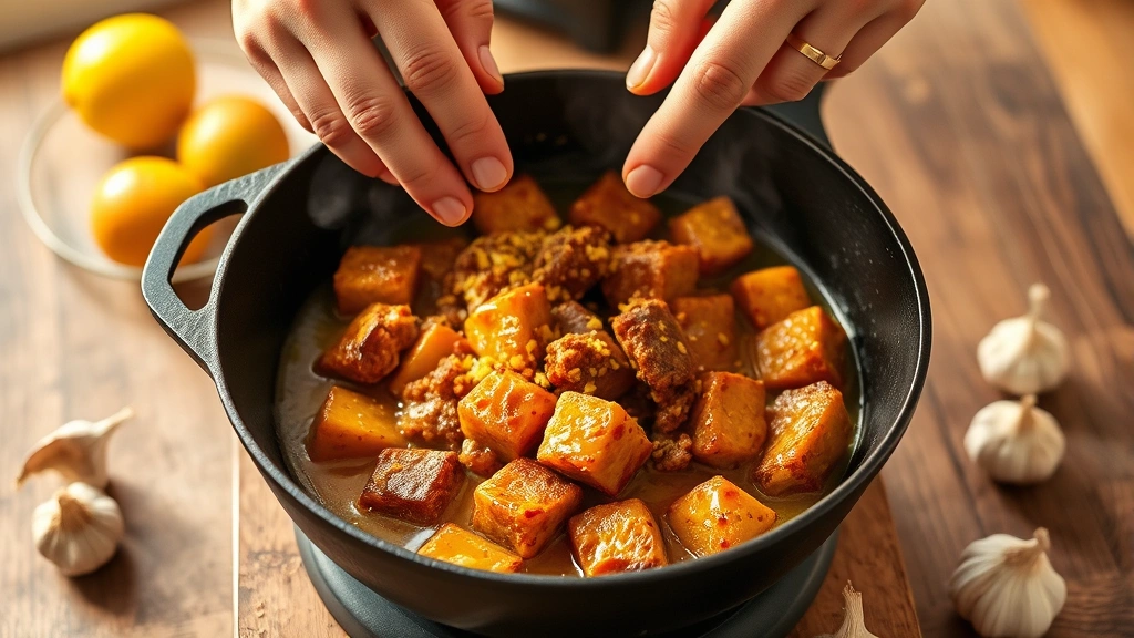 process: hands tossing golden crispy beef pieces in bright citrus sauce in cast iron skillet, steam rising, garlic cloves visible in background, warm natural lighting