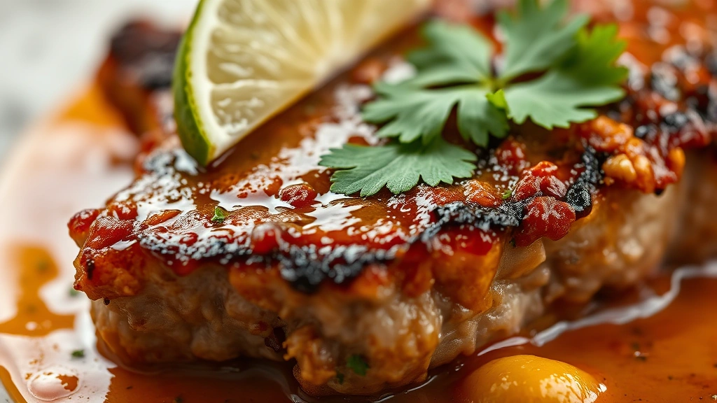 detail: close-up of vaca frita showing crispy caramelized edges of beef piece with glossy citrus sauce, fresh lime slice and cilantro leaf on top, shallow depth of field