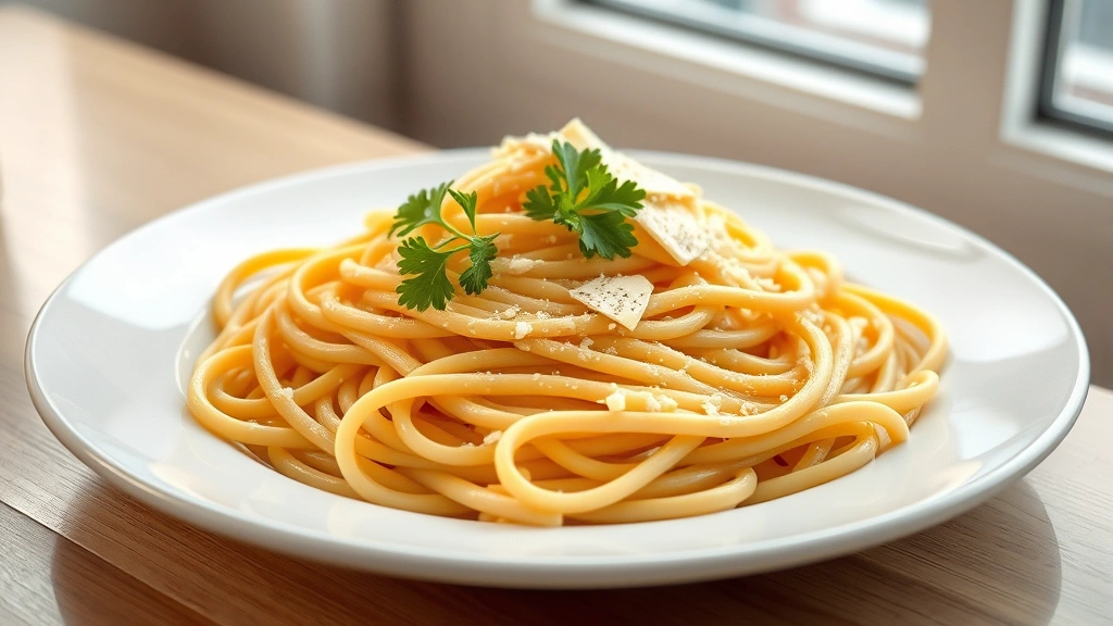 hero: creamy fettuccine pasta dish with Parmigiano-Reggiano cheese and fresh parsley garnish on white plate, photorealistic, natural window light, shallow depth of field, no text