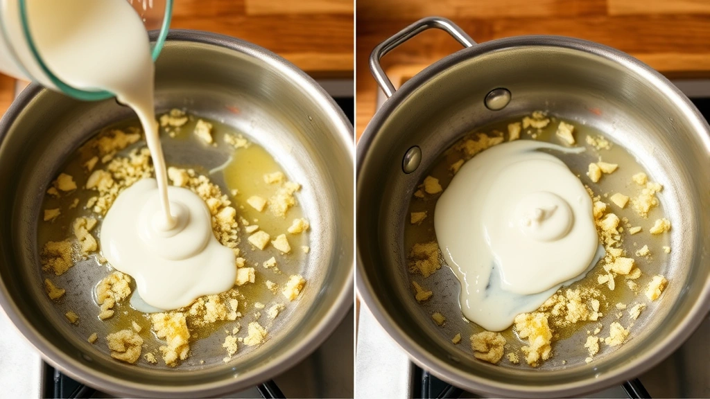 process: melting butter and garlic in stainless steel skillet with cream being poured in, photorealistic, warm kitchen lighting, no text