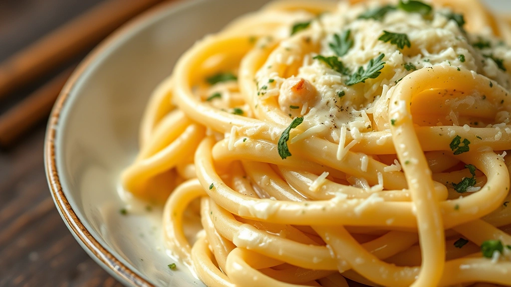 detail: close-up of pasta coated in silky cream sauce with cheese and herbs, photorealistic, macro photography, natural light, no text
