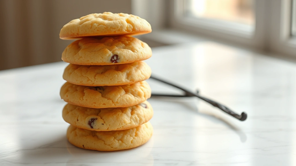 hero: stack of golden vanilla cookies with visible vanilla bean specks on white marble surface, warm natural window light, shallow depth of field, no text