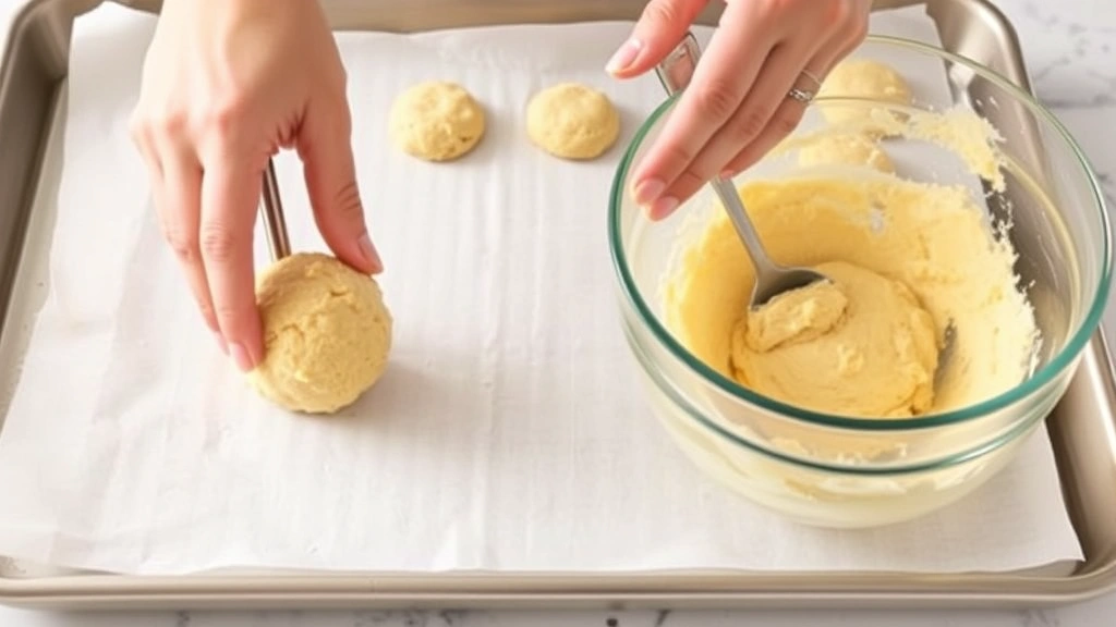 process: hands scooping vanilla cookie dough onto parchment-lined baking sheet, mixing bowl with creamed butter visible, bright kitchen lighting, no text