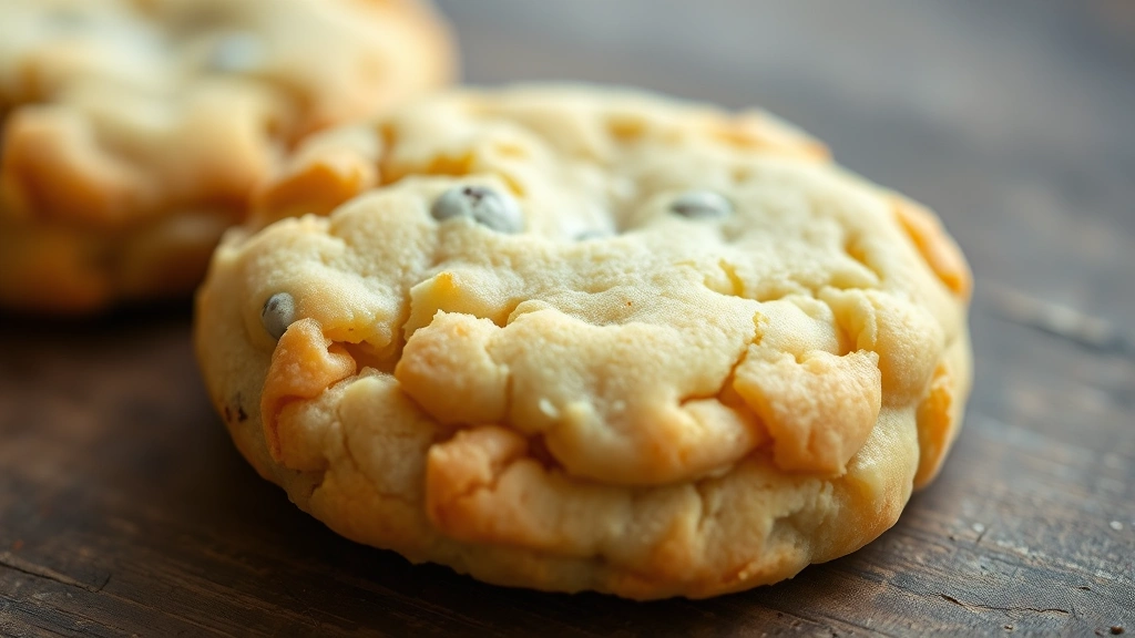 detail: close-up of single cooled vanilla cookie showing crispy edges and tender center, vanilla bean specks visible, soft natural light, no text