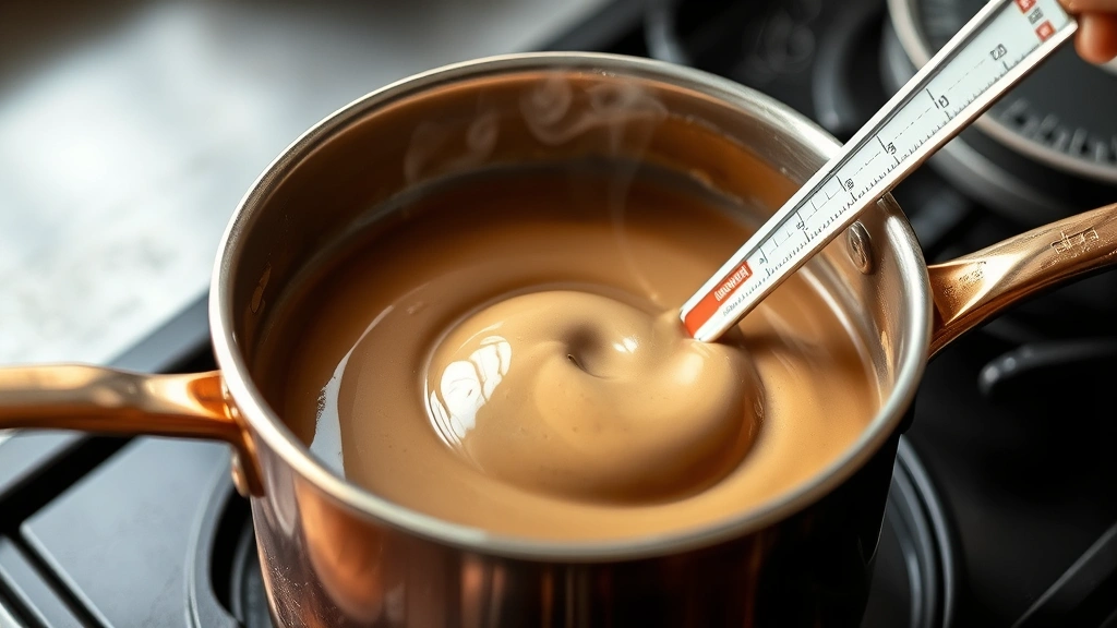 process: copper saucepan with glossy vanilla fudge mixture at soft ball stage with thermometer inserted, steam rising, mid-cooking, photorealistic, natural light, no text