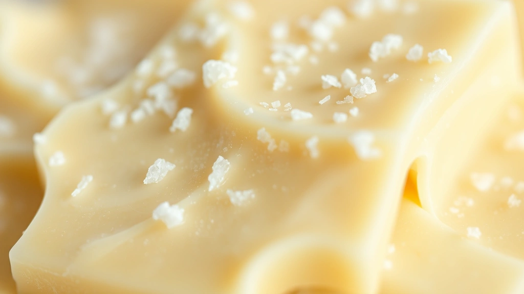 detail: close-up macro shot of creamy vanilla fudge texture with light dusting of sea salt on top, shallow depth of field, photorealistic, natural light, no text