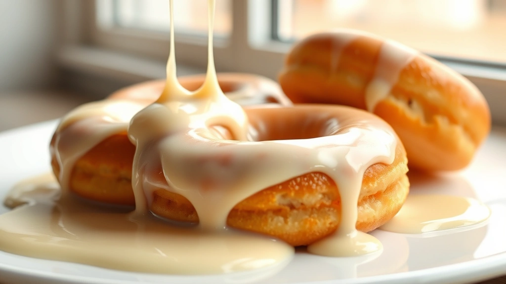 hero: vanilla glaze dripping over fresh warm donuts, photorealistic, natural window light, close-up shot, no text