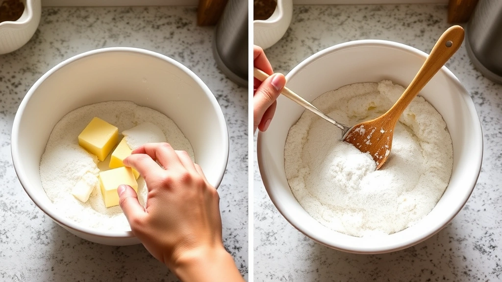 process: hands whisking butter and powdered sugar in white ceramic bowl, wooden spoon, kitchen counter, photorealistic, bright natural light, no text