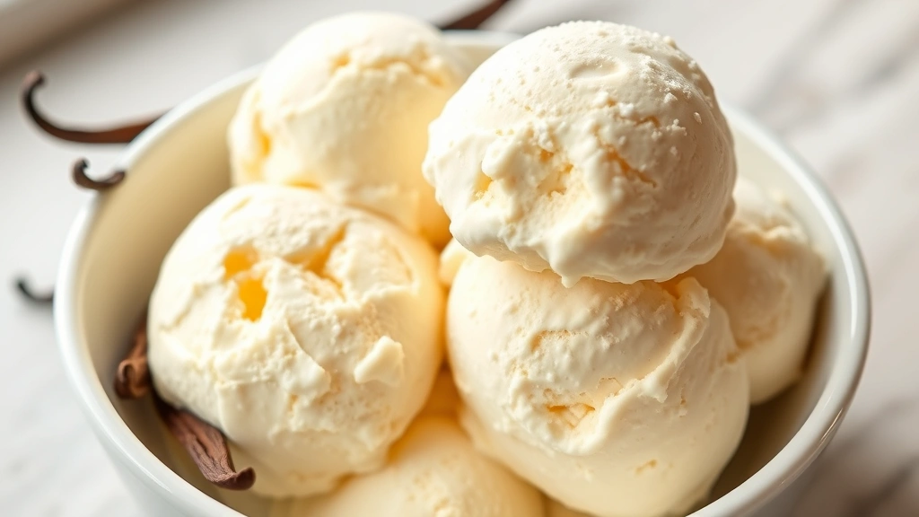 hero: creamy vanilla ice cream scoops in a white bowl with fresh vanilla beans beside it, photorealistic, natural soft window light, no text