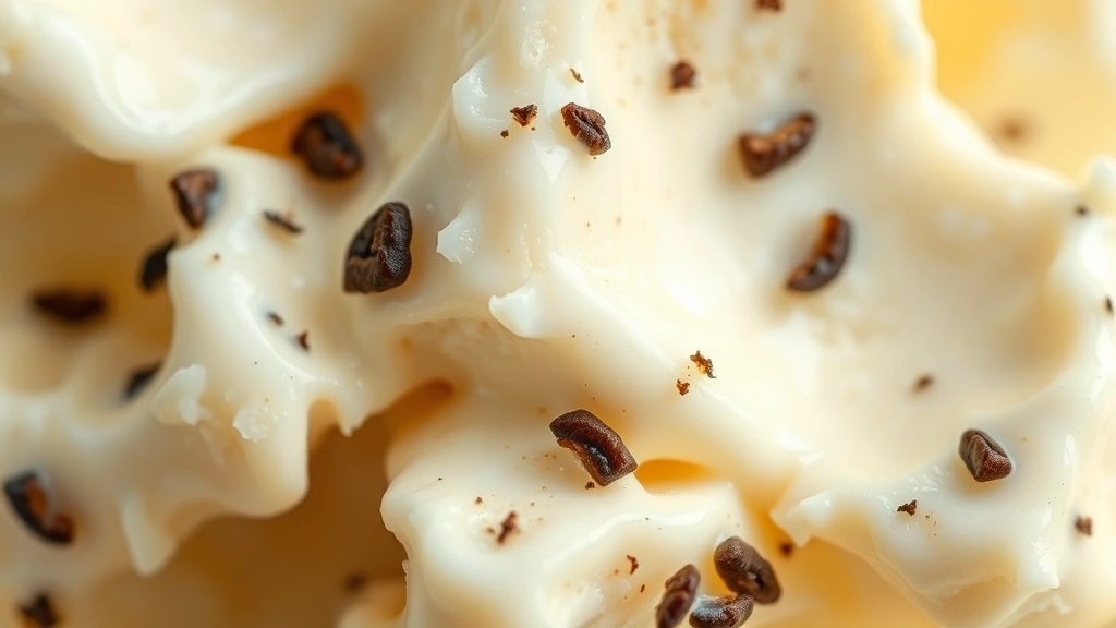 detail: close-up of smooth vanilla ice cream with black vanilla bean specks visible, photorealistic, natural light, no text