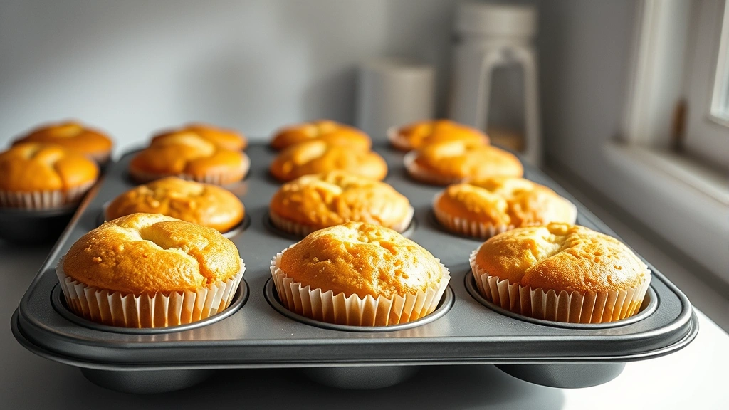 hero: golden-brown vanilla muffins in a muffin tin, fresh from the oven with steam rising, soft natural window light, white kitchen background