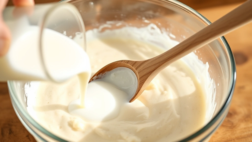 process: mixing vanilla muffin batter in a glass bowl with a wooden spoon, buttermilk being poured in, bright natural lighting, close-up action shot