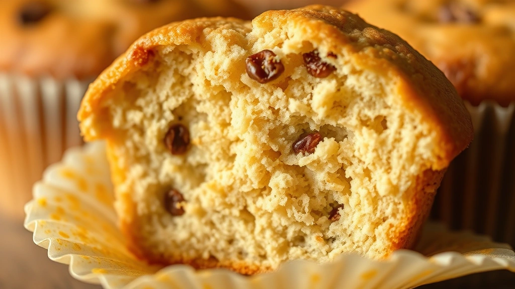 detail: cross-section of a warm vanilla muffin showing tender crumb structure and vanilla bean specks, muffin liner partially removed, macro photography with warm lighting