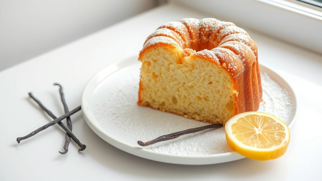 hero: golden brown vanilla pound cake on white plate with powdered sugar dusting, fresh vanilla beans and lemon slice beside it, photorealistic, natural window light, no text