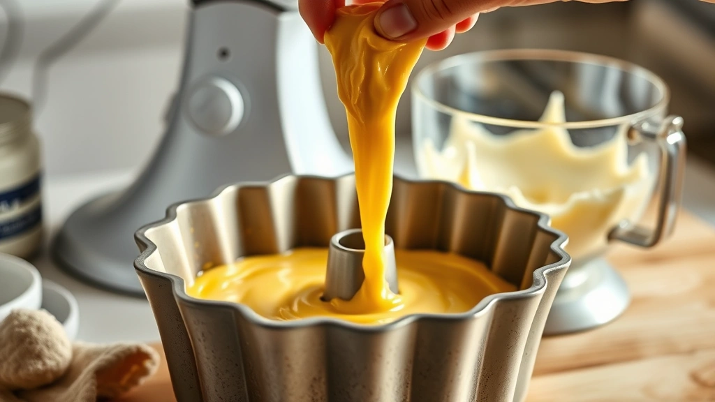 process: hand pouring golden batter into bundt pan, kitchen mixer with fluffy butter mixture visible in background, photorealistic, natural light, no text
