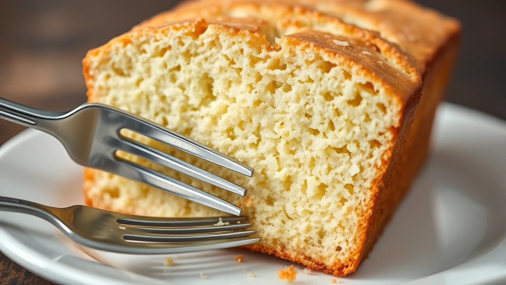 detail: close-up cross-section of sliced vanilla pound cake showing moist tender crumb structure with fork, photorealistic, natural light, no text
