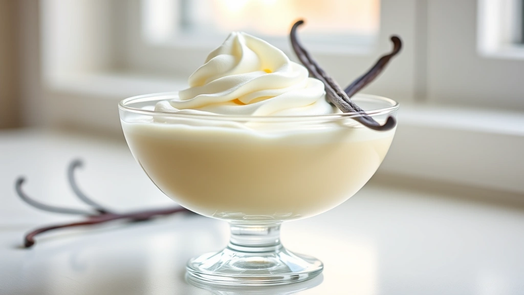 hero: silky smooth vanilla pudding in an elegant glass bowl, topped with fresh whipped cream and a vanilla bean, soft natural window light, creamy texture in focus, no text or watermarks