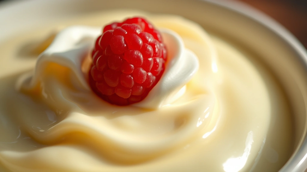 detail: extreme close-up of creamy vanilla pudding with whipped cream dollop and fresh raspberry, shallow depth of field, natural morning light, luxurious texture visible