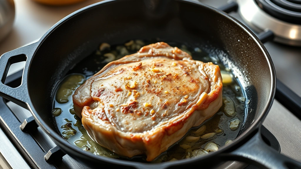 process: butter and garlic sizzling in cast iron skillet with veal chop, photorealistic, bright kitchen natural light, no text