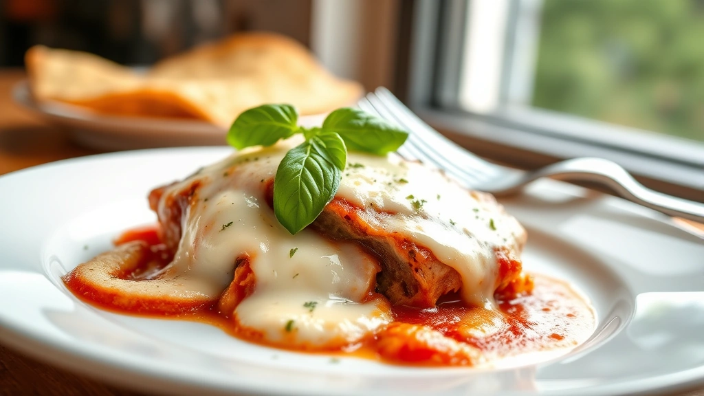 hero: finished veal parmesan on white plate with melted mozzarella and fresh basil garnish, fork in background, natural window light, shallow depth of field, warm inviting lighting