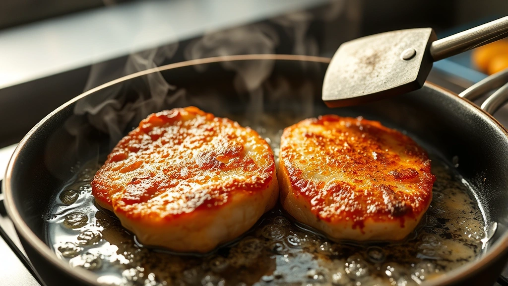 process: golden-brown veal cutlet frying in skillet with bubbling oil and butter, meat mallet and breaded cutlets visible, steam rising, professional kitchen lighting, close perspective