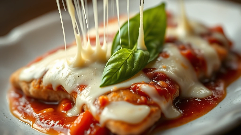 detail: close-up of melted mozzarella stretching over veal cutlet with marinara sauce and fresh basil leaf, shallow focus on cheese texture, warm natural light, food photography style