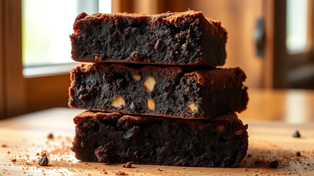 hero: stack of three fudgy chocolate brownies with visible vegetable flecks, dusted with cocoa powder, warm natural window light, wooden surface