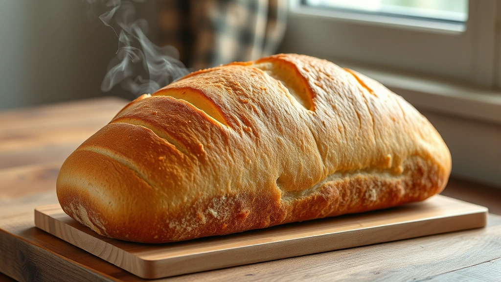 hero: golden-brown artisan vegan bread loaf with rustic scoring on a wooden surface, steam rising, natural window light, crusty exterior, photorealistic, no text
