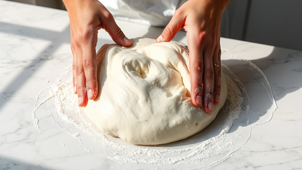 process: hands kneading smooth elastic dough on marble counter, flour dusting, side angle, natural light streaming in, photorealistic, no text