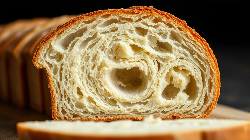 detail: close-up cross-section of freshly sliced vegan bread showing open crumb structure and soft interior, golden crust, shallow depth of field, photorealistic, no text