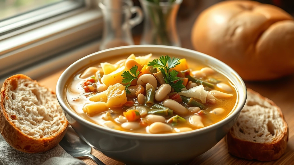 hero: steaming bowl of vegan cabbage stew with white beans and vegetables, golden broth, fresh parsley garnish, crusty bread beside bowl, warm natural window light, cozy kitchen setting, photorealistic, no text