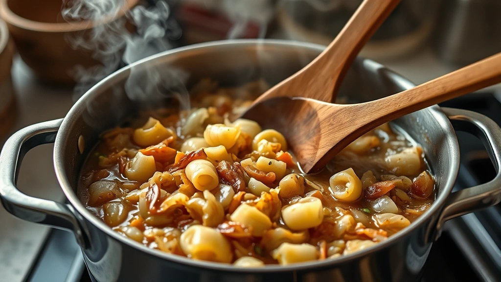 process: wooden spoon stirring pot of cabbage stew with caramelized onions and vegetables, aromatic steam rising, warm kitchen lighting, photorealistic, no text