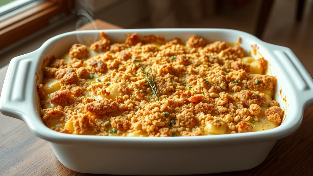 hero: golden baked vegan casserole dish with crispy breadcrumb topping, steam rising, fresh herbs visible, white ceramic baking dish on wooden table, natural daylight from window, no text or watermarks