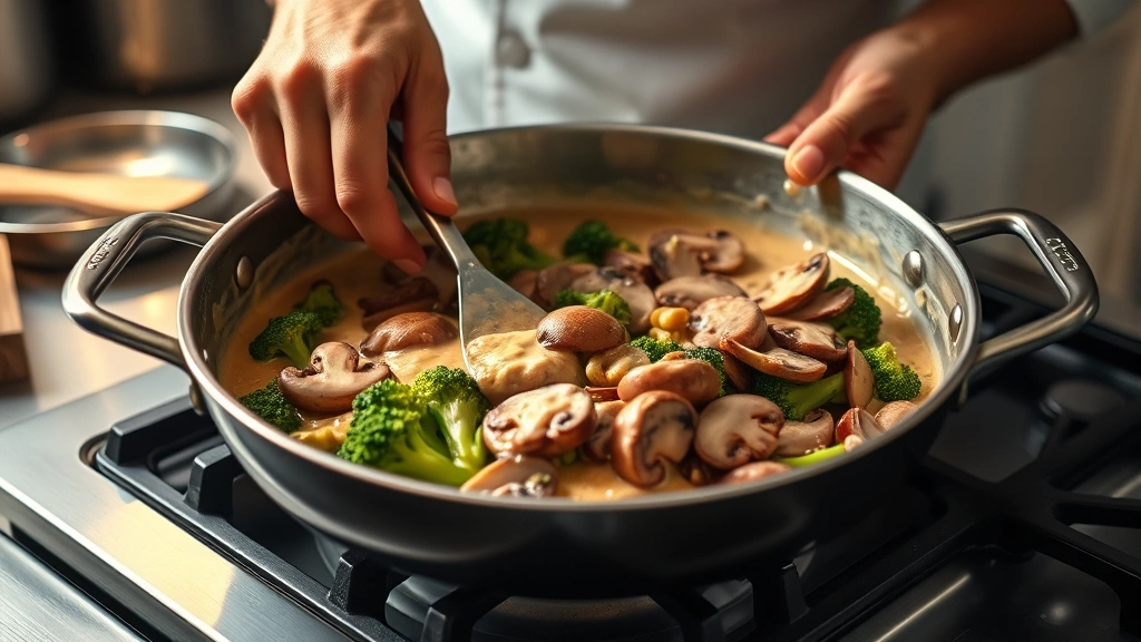 process: chef's hands stirring creamy vegetable sauce in large skillet with mushrooms and broccoli, warm kitchen lighting, stovetop setting, natural daylight, no text or watermarks