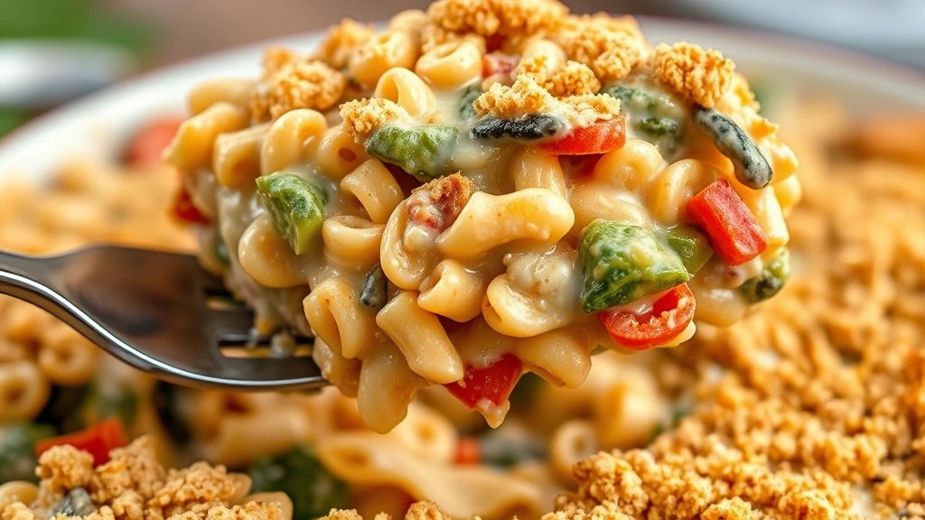 detail: close-up cross-section of vegan casserole showing layers of pasta, vegetables, and creamy sauce, fork lifting portion, golden breadcrumb topping visible, shallow depth of field, natural soft lighting, no text or watermarks